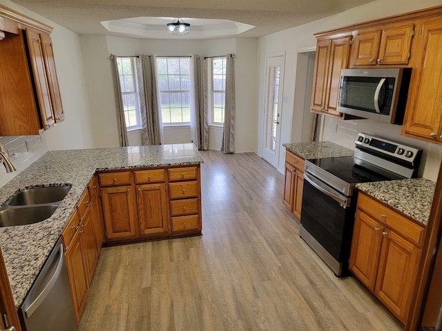 kitchen featuring light wood-type flooring, stainless steel appliances, a tray ceiling, ceiling fan, and sink