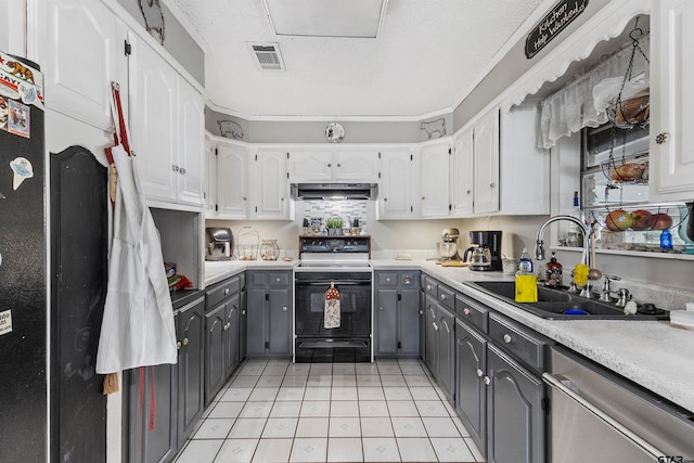 kitchen with stainless steel dishwasher, white cabinets, sink, and electric stove