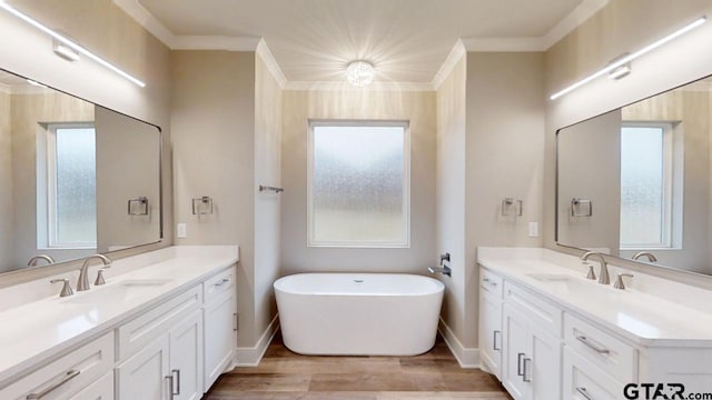 bathroom with crown molding, a tub, wood-type flooring, and vanity