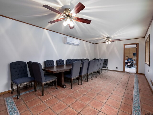 dining space featuring a wall mounted air conditioner, ceiling fan, light tile patterned flooring, and crown molding