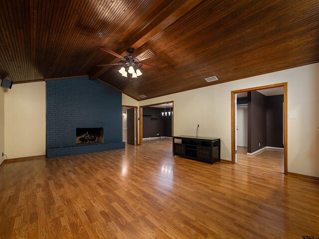 unfurnished living room featuring ceiling fan, a brick fireplace, vaulted ceiling, wood ceiling, and hardwood / wood-style flooring