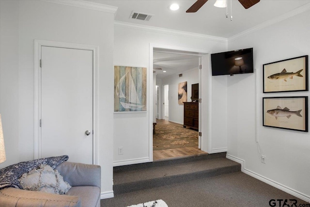 23324 Bay Side Dr, Bullard, TX 75757 - carpeted living area with ceiling fan, ornamental molding, and recessed lighting