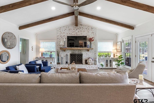 23324 Bay Side Dr, Bullard, TX 75757 - living room with wood finished floors, ceiling fan, healthy amount of natural light, a brick fireplace, and recessed lighting