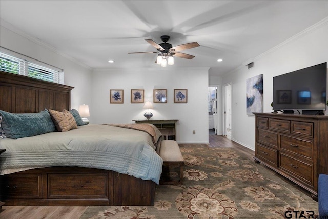 23324 Bay Side Dr, Bullard, TX 75757 - bedroom featuring crown molding, wood finished floors, recessed lighting, and a ceiling fan