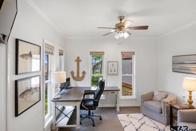 23324 Bay Side Dr, Bullard, TX 75757 - office featuring carpet flooring, ceiling fan, and crown molding