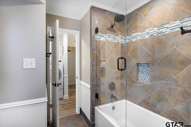23324 Bay Side Dr, Bullard, TX 75757 - full bath featuring crown molding, bath / shower combo with glass door, and washer / dryer