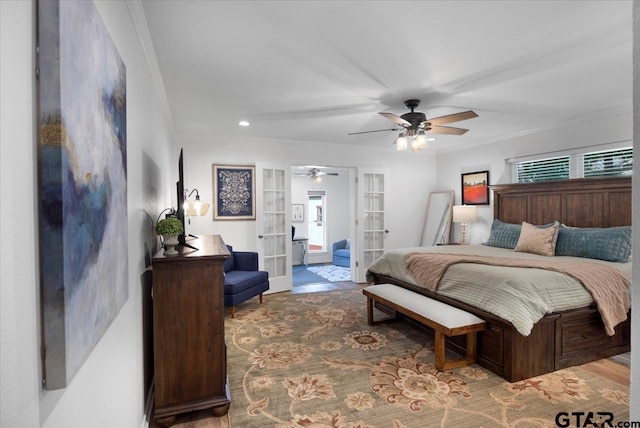 23324 Bay Side Dr, Bullard, TX 75757 - bedroom with french doors, crown molding, a ceiling fan, and recessed lighting
