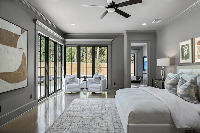 bedroom featuring ceiling fan, access to exterior, crown molding, and concrete flooring