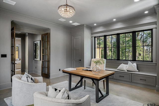 office area with a chandelier and crown molding