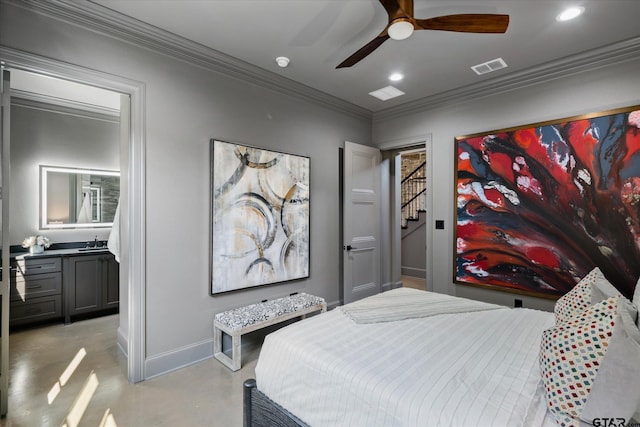 bedroom featuring ceiling fan, sink, and ornamental molding