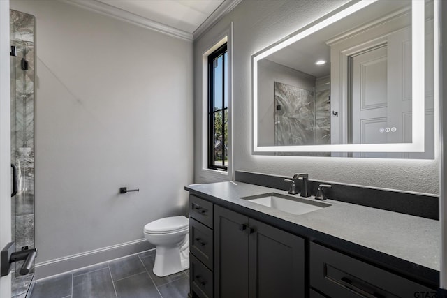 bathroom with tile patterned floors, vanity, toilet, walk in shower, and crown molding