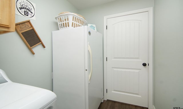 washroom featuring cabinet space, washer / clothes dryer, and dark wood-style flooring