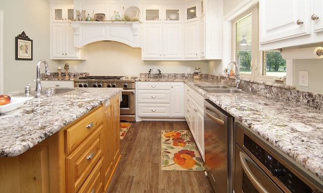 kitchen with a sink, light stone counters, dark wood-style floors, and stainless steel appliances