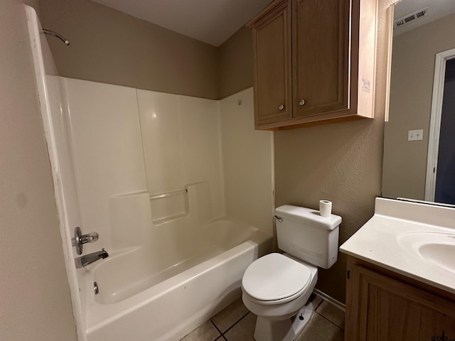 full bathroom with vanity, toilet, bathtub / shower combination, and tile patterned floors