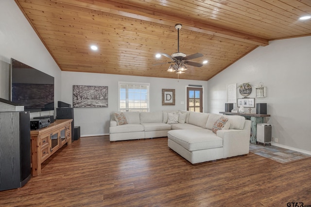 living room featuring ceiling fan, dark hardwood / wood-style floors, lofted ceiling with beams, and wooden ceiling