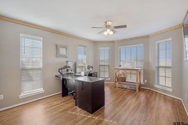 home office featuring ceiling fan, crown molding, wood-type flooring, and a healthy amount of sunlight