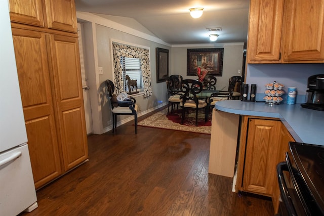 kitchen with white refrigerator, lofted ceiling, dark hardwood / wood-style flooring, and electric range