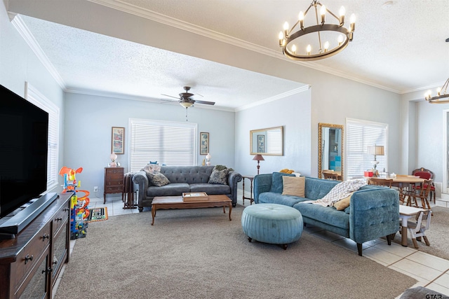 living area featuring light carpet, light tile patterned floors, ornamental molding, and a textured ceiling