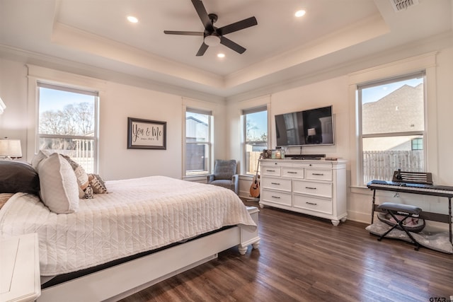 bedroom with a tray ceiling, dark wood-type flooring, and ceiling fan