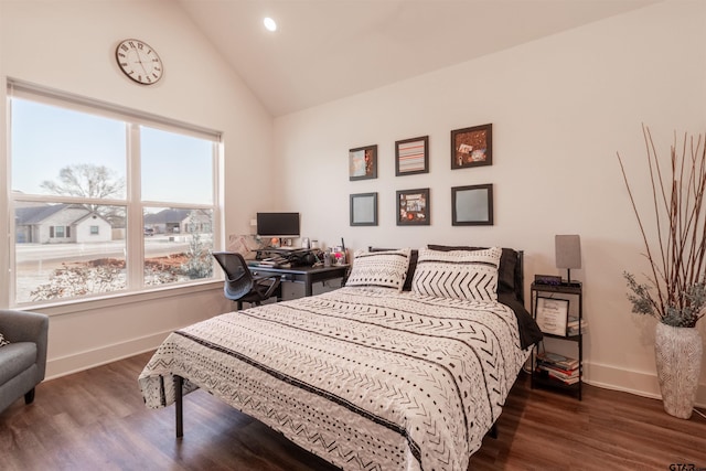 bedroom with lofted ceiling, recessed lighting, baseboards, and wood finished floors