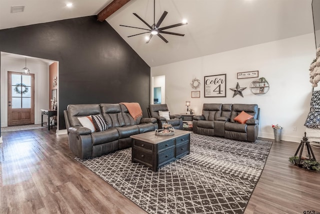 living room featuring beamed ceiling, ceiling fan, hardwood / wood-style flooring, and high vaulted ceiling