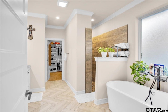 bathroom featuring plus walk in shower, parquet flooring, and crown molding