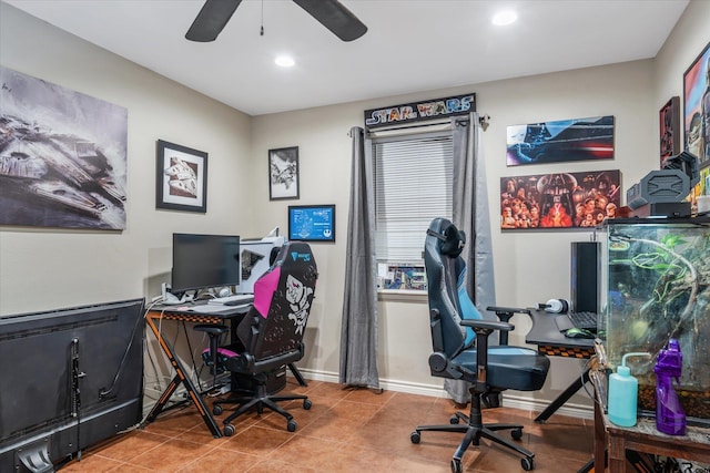 office space featuring tile patterned flooring and ceiling fan