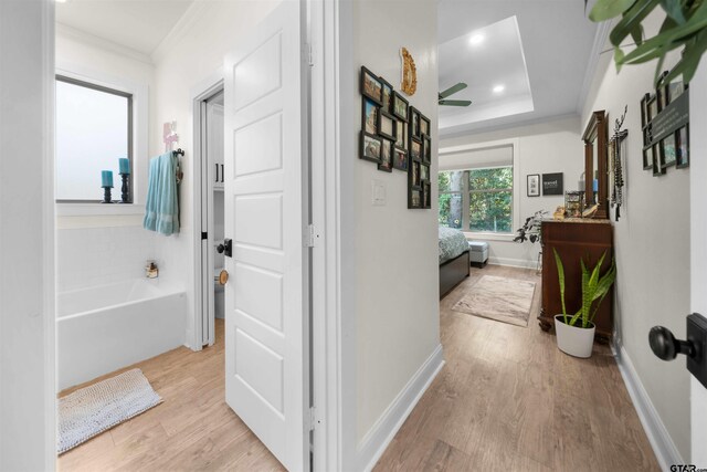 hallway featuring baseboards, light wood-style floors, and crown molding