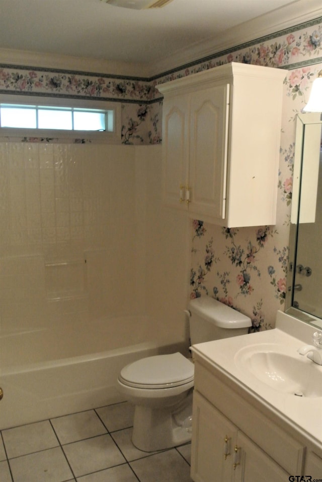 full bathroom featuring shower / washtub combination, tile patterned flooring, vanity, and toilet