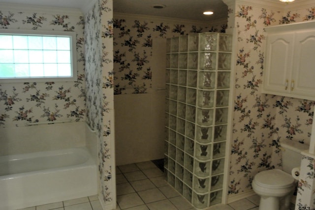 bathroom with tile patterned flooring, crown molding, and plus walk in shower