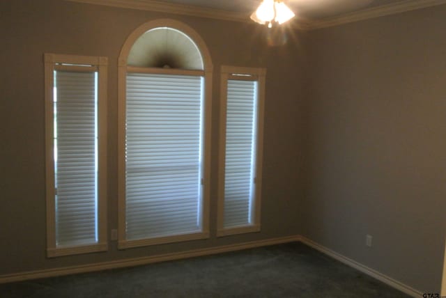 spare room featuring ceiling fan, dark carpet, and ornamental molding