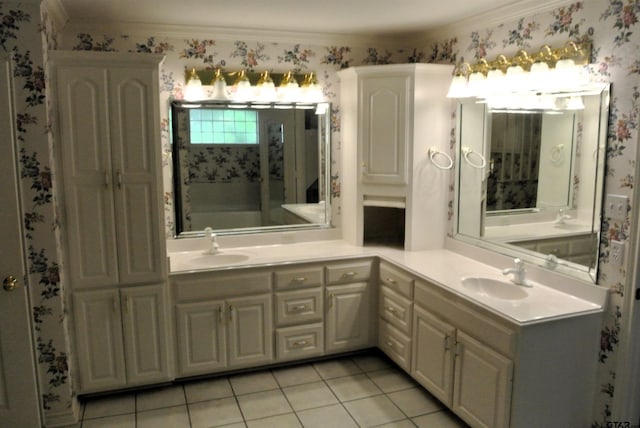 bathroom with vanity, tile patterned flooring, and ornamental molding