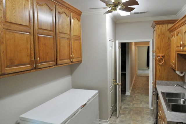 clothes washing area featuring ceiling fan, sink, and crown molding