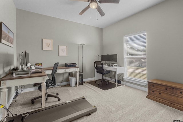 carpeted office featuring ceiling fan