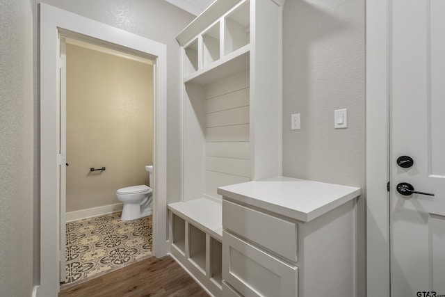 bathroom with hardwood / wood-style flooring and toilet