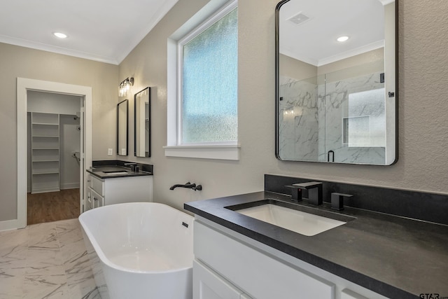 bathroom with vanity, shower with separate bathtub, and ornamental molding