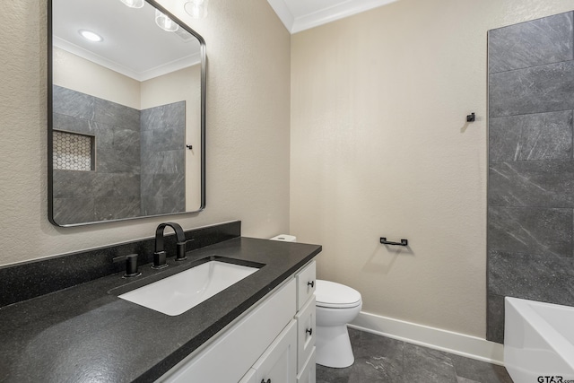 bathroom with ornamental molding, vanity, and toilet