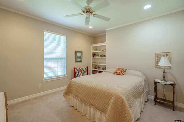 bedroom with light colored carpet, ceiling fan, and ornamental molding