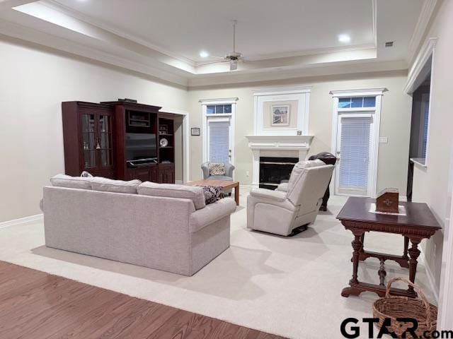 living room with a raised ceiling, ceiling fan, and light hardwood / wood-style flooring