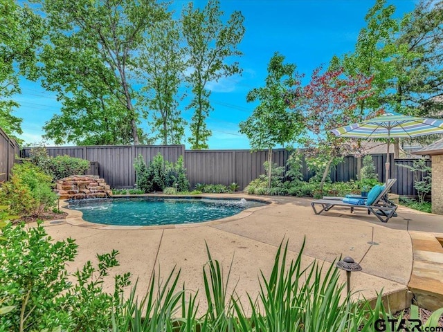 view of pool with a fenced backyard, a fenced in pool, and a patio