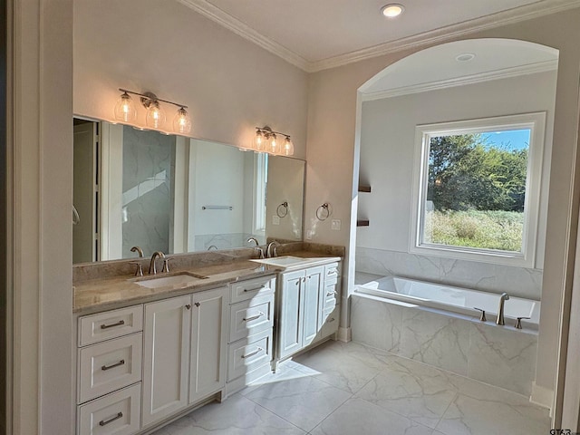 bathroom with vanity, a relaxing tiled tub, and crown molding