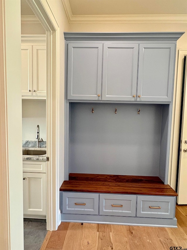 mudroom featuring sink, ornamental molding, and light hardwood / wood-style flooring