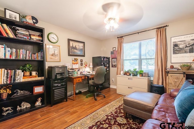 office area featuring hardwood / wood-style flooring and ceiling fan