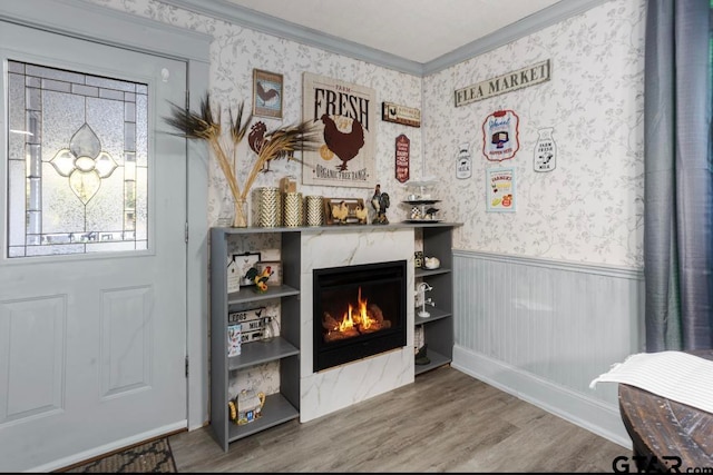 interior space with a premium fireplace, crown molding, and wood-type flooring