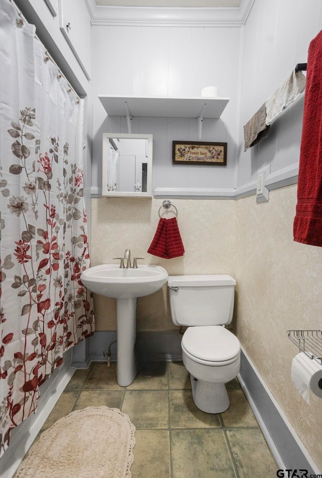 bathroom with toilet, crown molding, and sink