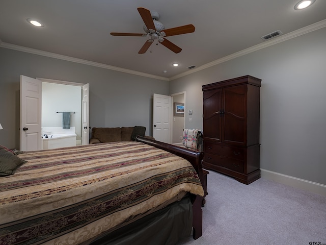 bedroom with ornamental molding, light carpet, recessed lighting, and visible vents