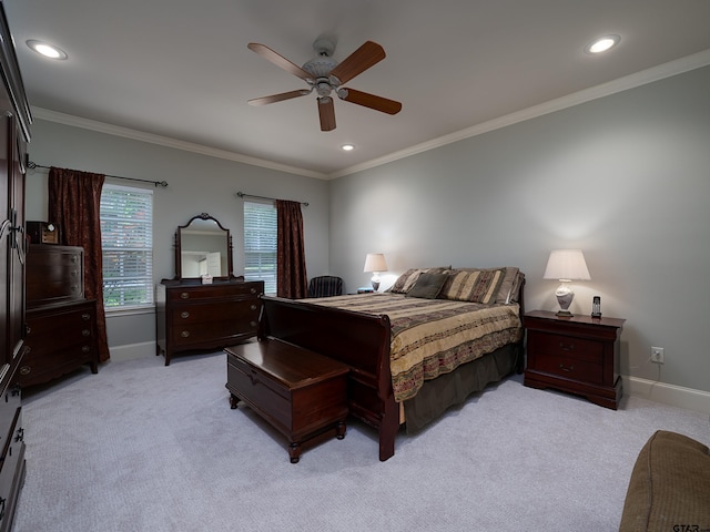 bedroom with baseboards, recessed lighting, and light colored carpet