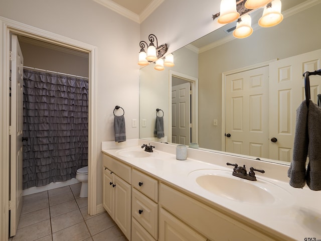 bathroom featuring a sink, tile patterned flooring, ornamental molding, and a notable chandelier