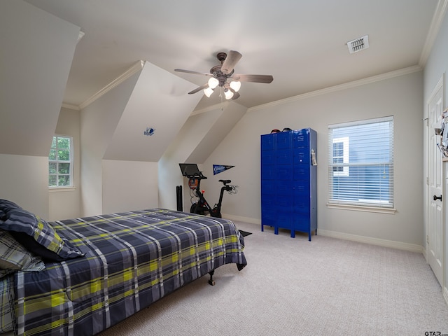 bedroom featuring baseboards, carpet flooring, visible vents, and ornamental molding