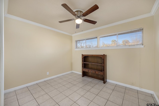 empty room with light tile patterned flooring, ornamental molding, and ceiling fan